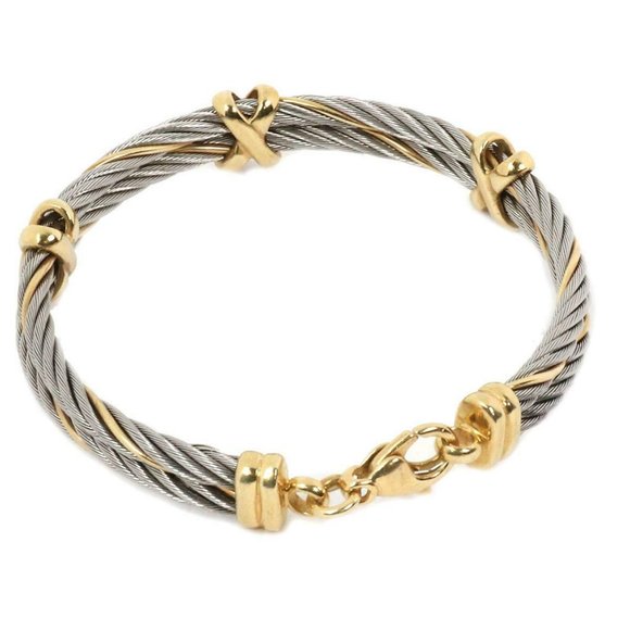 14k Gold Steel Double Cable Wire X Design Bracelet - Picture 2 of 5